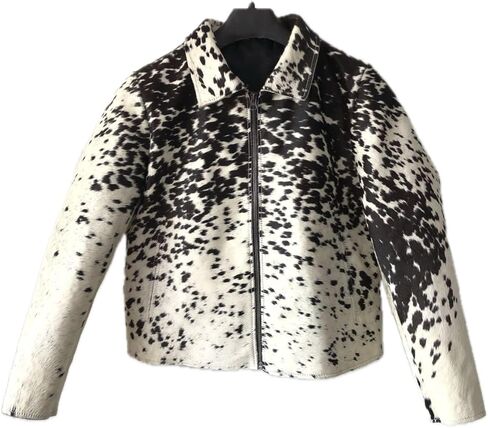 Women's Cow Fur Hair on Casual Leather Jacket - Loose Fit Straight Shirt Zipper Jacket - Black & Brown Shades in Kuwait