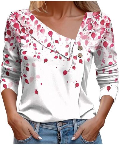 Womens Summer Tops Dressy Casual Long Sleeve Asymmetric V Neck Button Shirts Spring Fashion Slim Fit Western Blouses in Saudi Arabia
