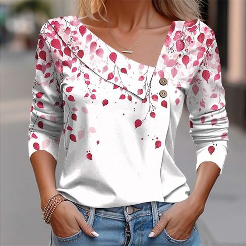 Womens Summer Tops Dressy Casual Long Sleeve Asymmetric V Neck Button Shirts Spring Fashion Slim Fit Western Blouses in Saudi Arabia