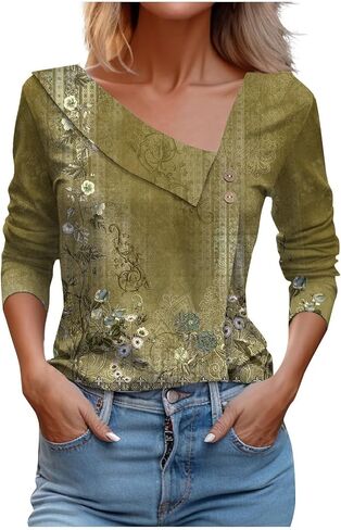 Womens Summer Tops Dressy Casual Long Sleeve Asymmetric V Neck Button Shirts Spring Fashion Slim Fit Western Blouses in Saudi Arabia