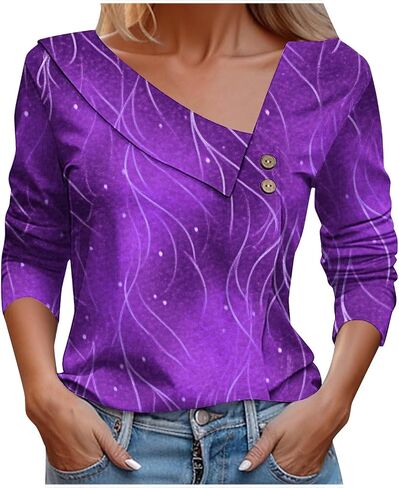 Womens Summer Tops Dressy Casual Long Sleeve Asymmetric V Neck Button Shirts Spring Fashion Slim Fit Western Blouses in Saudi Arabia