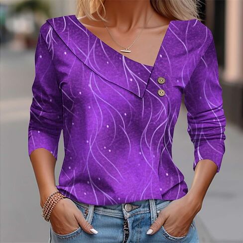 Womens Summer Tops Dressy Casual Long Sleeve Asymmetric V Neck Button Shirts Spring Fashion Slim Fit Western Blouses in Saudi Arabia