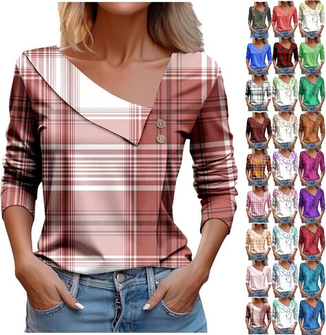 Womens Summer Tops Dressy Casual Long Sleeve Asymmetric V Neck Button Shirts Spring Fashion Slim Fit Western Blouses in Saudi Arabia