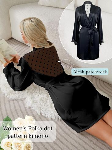 Women's Satin Short Robe, Polka Dot Mesh, Eyelash Lace Long Sleeve, Sexy Silk Kimono Lingerie Sleepwear in Saudi Arabia