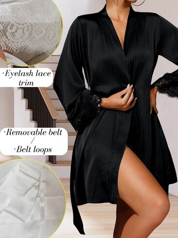 Women's Satin Short Robe, Polka Dot Mesh, Eyelash Lace Long Sleeve, Sexy Silk Kimono Lingerie Sleepwear in Saudi Arabia