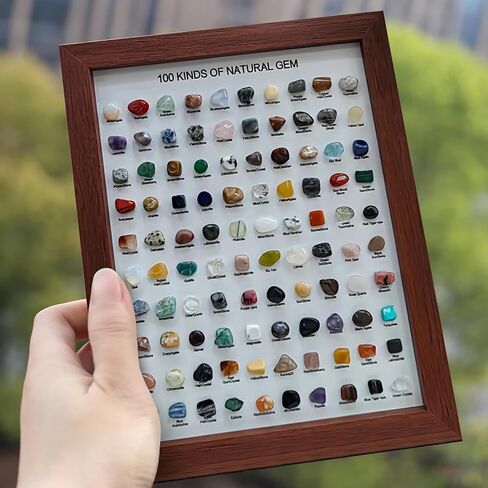 JOJOCY 100 Pcs Natural Crystal Stones Collection with Picture Frame, Natural Mineral Specimens for Home Decor, Gifts & Educational Use, 23x28cm Frame & 1.9-2.5cm Stones (Dark Brown) in Kuwait