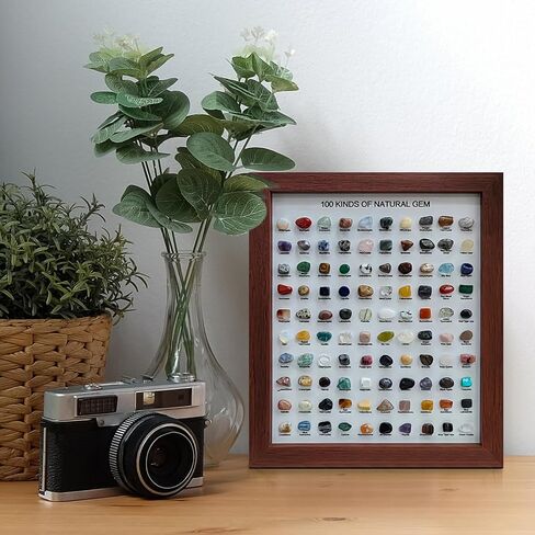 JOJOCY 100 Pcs Natural Crystal Stones Collection with Picture Frame, Natural Mineral Specimens for Home Decor, Gifts & Educational Use, 23x28cm Frame & 1.9-2.5cm Stones (Dark Brown) in Kuwait