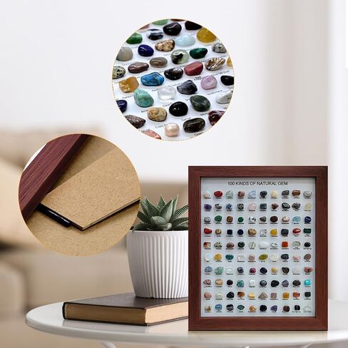 JOJOCY 100 Pcs Natural Crystal Stones Collection with Picture Frame, Natural Mineral Specimens for Home Decor, Gifts & Educational Use, 23x28cm Frame & 1.9-2.5cm Stones (Dark Brown) in Kuwait