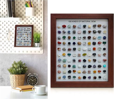 JOJOCY 100 Pcs Natural Crystal Stones Collection with Picture Frame, Natural Mineral Specimens for Home Decor, Gifts & Educational Use, 23x28cm Frame & 1.9-2.5cm Stones (Dark Brown) in Kuwait