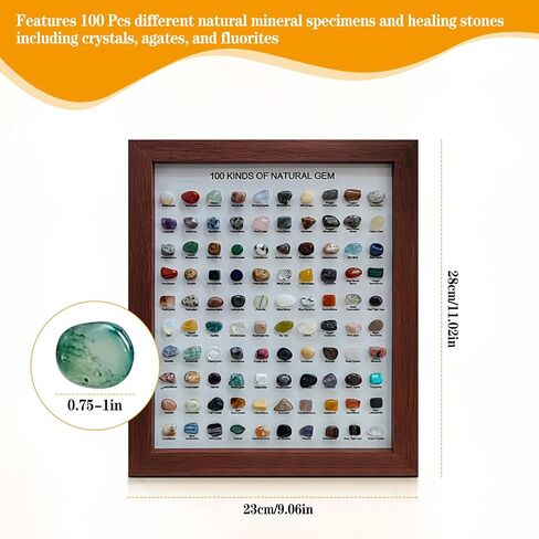 JOJOCY 100 Pcs Natural Crystal Stones Collection with Picture Frame, Natural Mineral Specimens for Home Decor, Gifts & Educational Use, 23x28cm Frame & 1.9-2.5cm Stones (Dark Brown) in Kuwait