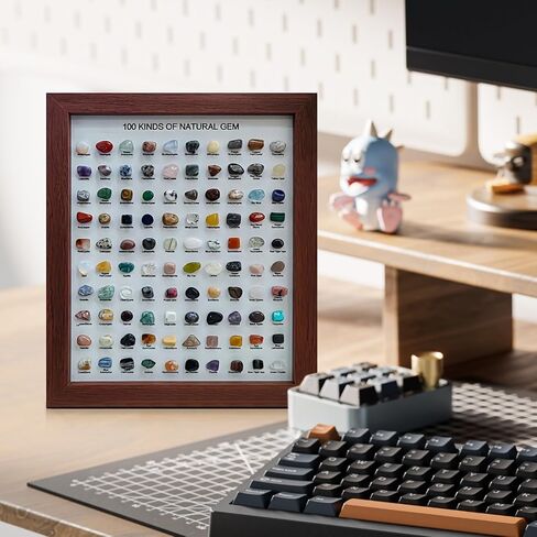 JOJOCY 100 Pcs Natural Crystal Stones Collection with Picture Frame, Natural Mineral Specimens for Home Decor, Gifts & Educational Use, 23x28cm Frame & 1.9-2.5cm Stones (Dark Brown) in Kuwait