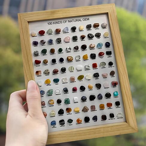 JOJOCY 100 PCS CRYSTAL Stones Natural Collection مع إطار صورة ، عينات معدنية طبيعية للديكور المنزلي ، الهدايا والاستخدام التعليمي ، إطار 23 × 28 سم وأحجار 1.9-2.5 سم (بني داكن) in Kuwait
