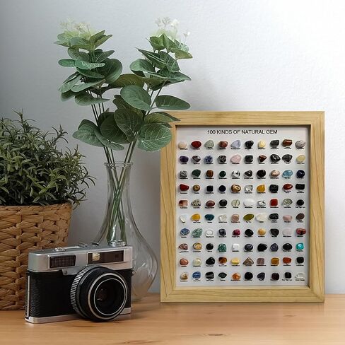 JOJOCY 100 PCS CRYSTAL Stones Natural Collection مع إطار صورة ، عينات معدنية طبيعية للديكور المنزلي ، الهدايا والاستخدام التعليمي ، إطار 23 × 28 سم وأحجار 1.9-2.5 سم (بني داكن) in Kuwait