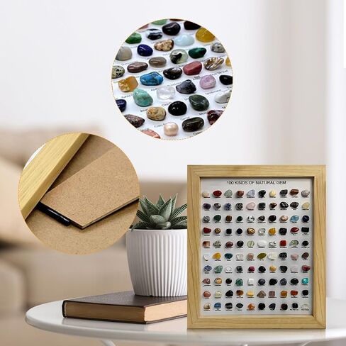 JOJOCY 100 PCS CRYSTAL Stones Natural Collection مع إطار صورة ، عينات معدنية طبيعية للديكور المنزلي ، الهدايا والاستخدام التعليمي ، إطار 23 × 28 سم وأحجار 1.9-2.5 سم (بني داكن) in Kuwait