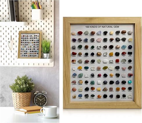 JOJOCY 100 PCS CRYSTAL Stones Natural Collection مع إطار صورة ، عينات معدنية طبيعية للديكور المنزلي ، الهدايا والاستخدام التعليمي ، إطار 23 × 28 سم وأحجار 1.9-2.5 سم (بني داكن) in Kuwait