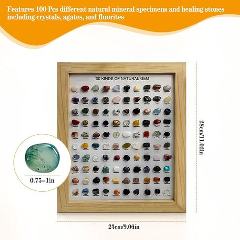JOJOCY 100 PCS CRYSTAL Stones Natural Collection مع إطار صورة ، عينات معدنية طبيعية للديكور المنزلي ، الهدايا والاستخدام التعليمي ، إطار 23 × 28 سم وأحجار 1.9-2.5 سم (بني داكن) in Kuwait