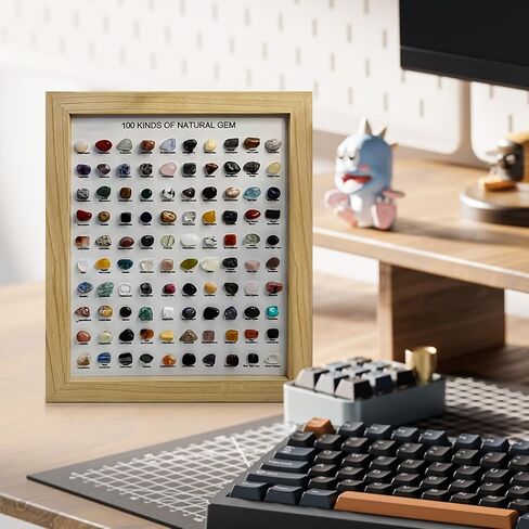 JOJOCY 100 PCS CRYSTAL Stones Natural Collection مع إطار صورة ، عينات معدنية طبيعية للديكور المنزلي ، الهدايا والاستخدام التعليمي ، إطار 23 × 28 سم وأحجار 1.9-2.5 سم (بني داكن) in Kuwait