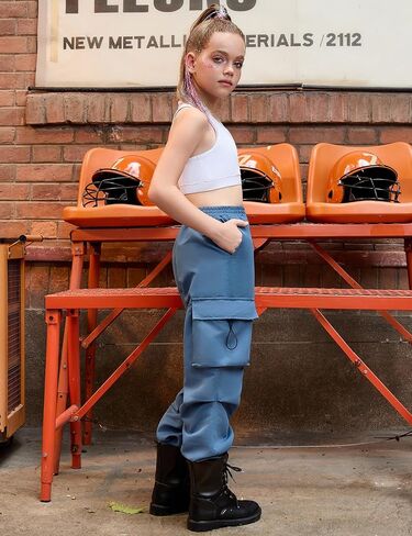 Jxstar Girls Metallic Cargo Pants​​ ​​Stretchy High Waist Hip Hop Dance Pants Shiny Jazz Street Joggers​​​​ for Kids in Saudi Arabia