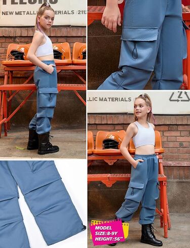 Jxstar Girls Metallic Cargo Pants​​ ​​Stretchy High Waist Hip Hop Dance Pants Shiny Jazz Street Joggers​​​​ for Kids in Saudi Arabia