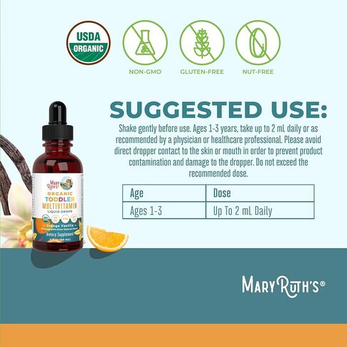 Maryruth Organics Multivitamin & Multimineral مع الحديد للأطفال الصغار | وزارة الزراعة الأمريكية العضوية | خالية من السكر | قطرات سائلة متعددة الفيتامين للأطفال الذين تتراوح أعمارهم بين 1-3 | الدعم المناعي | نباتي | غير GMO | 2 فلوريدا أوقية in Saudi Arabia