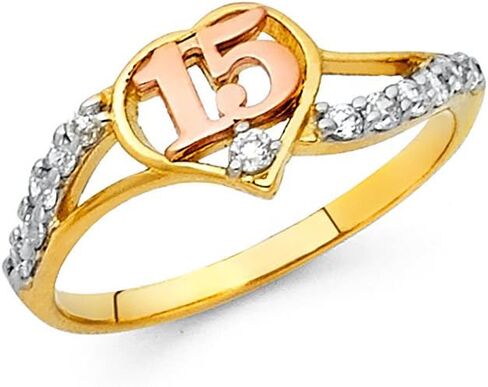 14k Two Tone Gold SOLID Sweet 15 Years Birthday CZ Heart Quinceanera Ring in Saudi Arabia