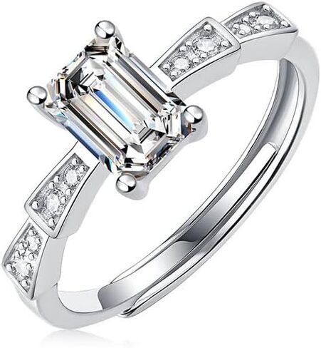 S925 Sterling Silver Adjustable Ring with 1&2 Carat Natural Diamond | Emerald Cut Princess Design | D-color | Elegant Keepsake in Kuwait