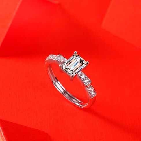 S925 Sterling Silver Adjustable Ring with 1&2 Carat Natural Diamond | Emerald Cut Princess Design | D-color | Elegant Keepsake in Kuwait