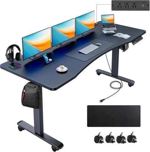 Farexon 55 × 24 بوصة مكتب قائم كهربائي قابل للتعديل مع محطة شحن، مكتب واقف مع لوحة ماوس كبيرة الحجم، محطة عمل منحنية مريحة، 4 عجلات، 4 ارتفاعات محددة مسبقًا سهلة الضبط in Saudi Arabia