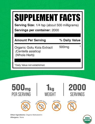plksupplements.com Powder Organic Gotu Kola Extract - من Centella Asiatica Herb ، Gotu Kola Powder - ملحق الأعشاب ، خالي من الغلوتين ، 500 ملغ لكل وجبة ، 250 جرام (8.8 أوقية) (حزمة 1) in Saudi Arabia