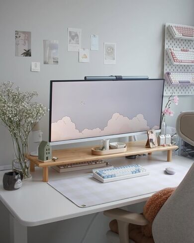 حامل شاشة مزدوج من خشب السنط من روكدير، حامل شاشة مكتب خشبي لشاشتين يدعم الشاشة والطابعة وحامل التلفزيون الثقيل حتى 130 رطلاً in Kuwait