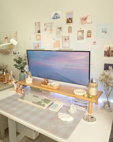 حامل شاشة مزدوج من خشب السنط من روكدير، حامل شاشة مكتب خشبي لشاشتين يدعم الشاشة والطابعة وحامل التلفزيون الثقيل حتى 130 رطلاً in Kuwait