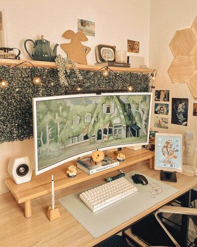 حامل شاشة مزدوج من خشب السنط من روكدير، حامل شاشة مكتب خشبي لشاشتين يدعم الشاشة والطابعة وحامل التلفزيون الثقيل حتى 130 رطلاً in Kuwait