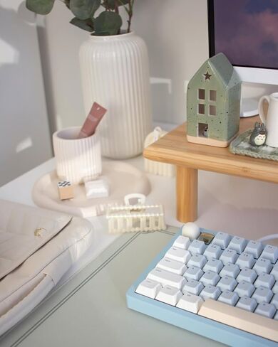 حامل شاشة مزدوج من خشب السنط من روكدير، حامل شاشة مكتب خشبي لشاشتين يدعم الشاشة والطابعة وحامل التلفزيون الثقيل حتى 130 رطلاً in Kuwait