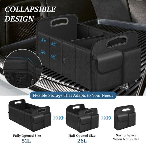 Trunk Organizer, Collapsible Waterproof Multi-Compartment Trunk Organizer for SUVs & Sedans, Car Storage Organizers with Reinforced Handles, Car Accessories for Women and Men, 52L, Black in Saudi Arabia