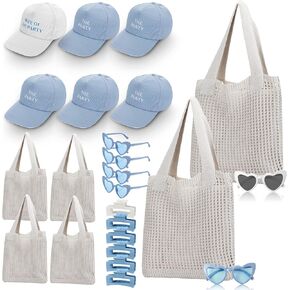 24 جهاز كمبيوتر آخر نخب آخر على هدايا الساحل المقعدة ل 6 - زوجة من قبعة الحفلات ، ومقاطع مخلب الشعر ، وأكياس حمل الكروشيه ، والنظارات الشمسية - إكسسوارات العازبة الأزرق والأبيض لحفلة دش الزفاف in Kuwait