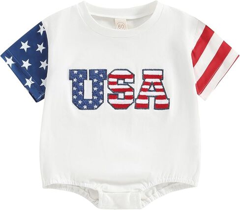 Baby Boy Girl 4th of July Outfit Infant Short Sleeve USA Bubble Romper Bodysuit Newborn Fourth of July Clothes (C-White, 0-3 Months) in Saudi Arabia