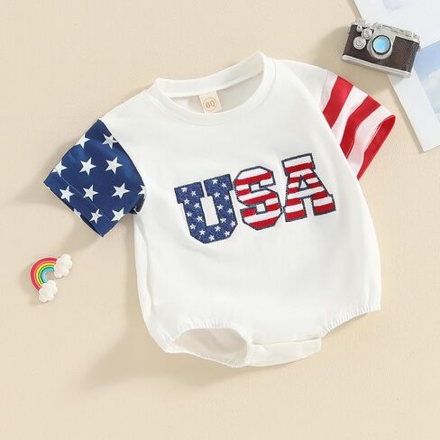 Baby Boy Girl 4th of July Outfit Infant Short Sleeve USA Bubble Romper Bodysuit Newborn Fourth of July Clothes (C-White, 0-3 Months) in Saudi Arabia