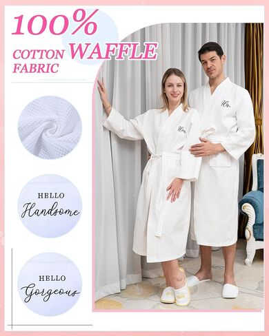 JECERY 2 Pack His and Hers Rets Hompts Cotton Waffle Kimono المطرزة مطابقة حفل زفاف الذكرى السنوية in Kuwait
