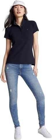 TOMMY HILFIGER Women's Slim Fit Stretch Cotton Mesh Polo Shirt, GlamourPink, S in Saudi Arabia