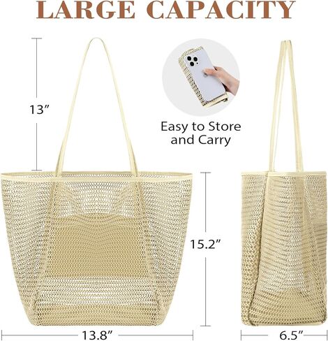 Mesh Beach Bag, Beach Bags for Women, Woven Straw Beach Tote Bag Waterproof with Inner Pocket, Packable Beach Bag in Kuwait