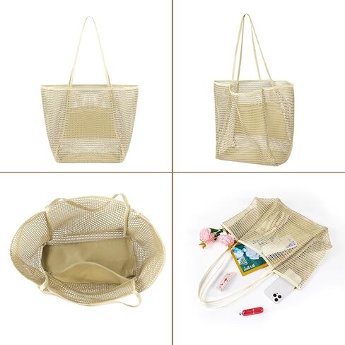 Mesh Beach Bag, Beach Bags for Women, Woven Straw Beach Tote Bag Waterproof with Inner Pocket, Packable Beach Bag in Kuwait