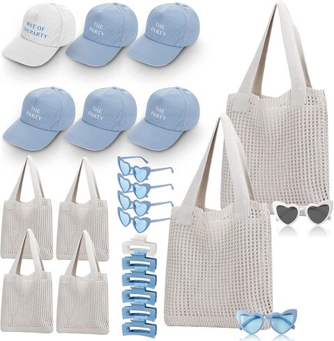 24 جهاز كمبيوتر آخر نخب آخر على هدايا الساحل المقعدة ل 6 - زوجة من قبعة الحفلات ، ومقاطع مخلب الشعر ، وأكياس حمل الكروشيه ، والنظارات الشمسية - إكسسوارات العازبة الأزرق والأبيض لحفلة دش الزفاف in Kuwait