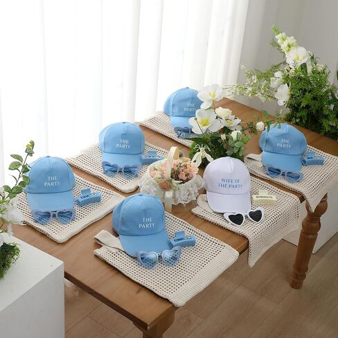 24 جهاز كمبيوتر آخر نخب آخر على هدايا الساحل المقعدة ل 6 - زوجة من قبعة الحفلات ، ومقاطع مخلب الشعر ، وأكياس حمل الكروشيه ، والنظارات الشمسية - إكسسوارات العازبة الأزرق والأبيض لحفلة دش الزفاف in Kuwait