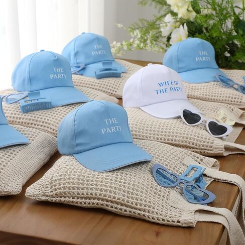 24 جهاز كمبيوتر آخر نخب آخر على هدايا الساحل المقعدة ل 6 - زوجة من قبعة الحفلات ، ومقاطع مخلب الشعر ، وأكياس حمل الكروشيه ، والنظارات الشمسية - إكسسوارات العازبة الأزرق والأبيض لحفلة دش الزفاف in Kuwait