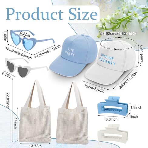 24 جهاز كمبيوتر آخر نخب آخر على هدايا الساحل المقعدة ل 6 - زوجة من قبعة الحفلات ، ومقاطع مخلب الشعر ، وأكياس حمل الكروشيه ، والنظارات الشمسية - إكسسوارات العازبة الأزرق والأبيض لحفلة دش الزفاف in Kuwait