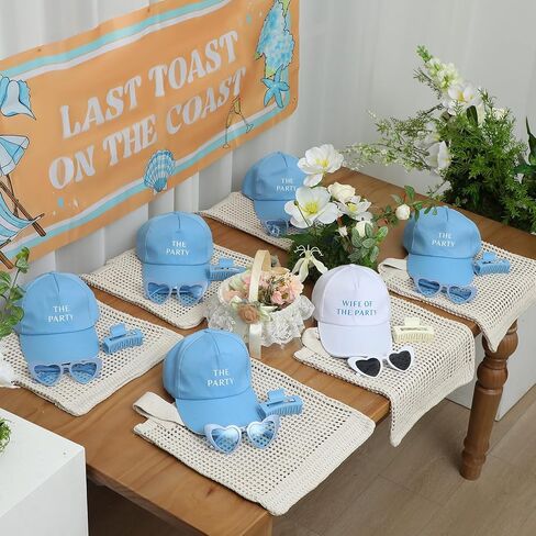 24 جهاز كمبيوتر آخر نخب آخر على هدايا الساحل المقعدة ل 6 - زوجة من قبعة الحفلات ، ومقاطع مخلب الشعر ، وأكياس حمل الكروشيه ، والنظارات الشمسية - إكسسوارات العازبة الأزرق والأبيض لحفلة دش الزفاف in Kuwait