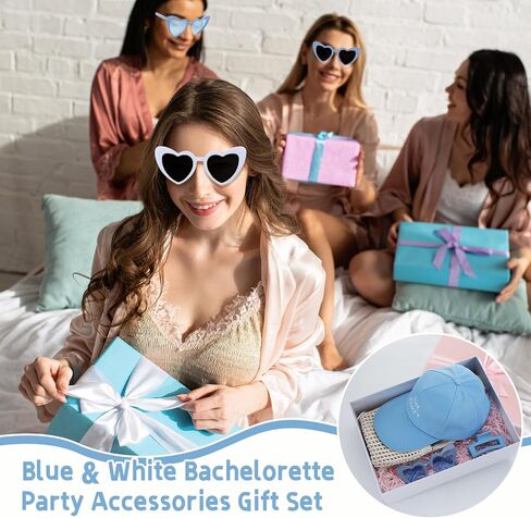 24 جهاز كمبيوتر آخر نخب آخر على هدايا الساحل المقعدة ل 6 - زوجة من قبعة الحفلات ، ومقاطع مخلب الشعر ، وأكياس حمل الكروشيه ، والنظارات الشمسية - إكسسوارات العازبة الأزرق والأبيض لحفلة دش الزفاف in Kuwait