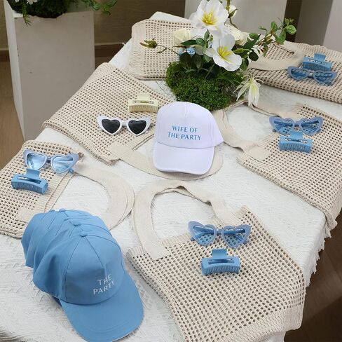 24 جهاز كمبيوتر آخر نخب آخر على هدايا الساحل المقعدة ل 6 - زوجة من قبعة الحفلات ، ومقاطع مخلب الشعر ، وأكياس حمل الكروشيه ، والنظارات الشمسية - إكسسوارات العازبة الأزرق والأبيض لحفلة دش الزفاف in Kuwait