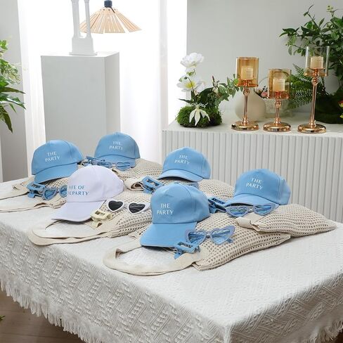 24 جهاز كمبيوتر آخر نخب آخر على هدايا الساحل المقعدة ل 6 - زوجة من قبعة الحفلات ، ومقاطع مخلب الشعر ، وأكياس حمل الكروشيه ، والنظارات الشمسية - إكسسوارات العازبة الأزرق والأبيض لحفلة دش الزفاف in Kuwait
