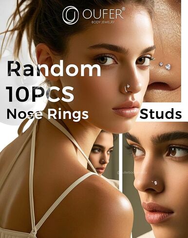 OUFER Nose Rings Studs, 20G Nose Rings Hoops, Random 10PCS Nose Piercing Jewelry, 316L Surgical Steel Nose Ring, Nose Studs for Women in Saudi Arabia